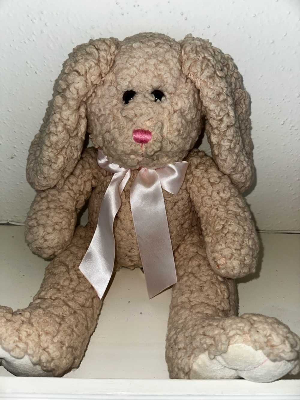 Plush Beige Curly Bunny with Pink Ribbon
